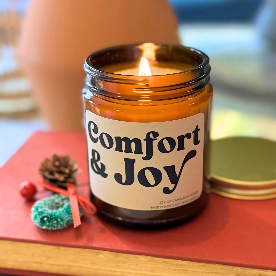 Comfort &amp; Joy Candle, Groovy Christmas Collection, Christmas Scented Candle, Christmas Gifts, Holiday Decor, 100% Soy Wax 9 oz Candle, 50 Hour Burn Time, Recyclable Amber Glass Jar, Made in the USA