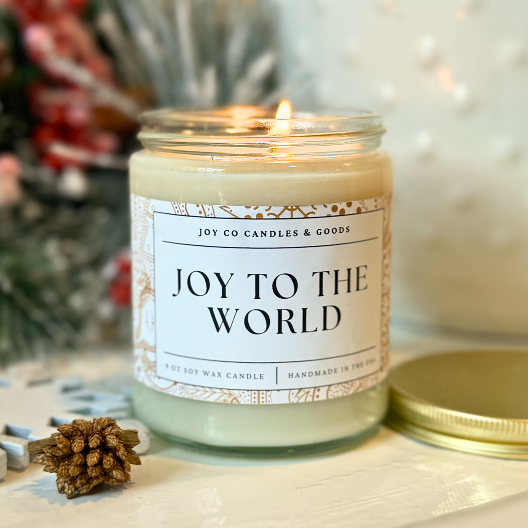 Joy to the World Candle, Christmas Cottage Collection, Christmas Scented Candle, Christmas Gifts, Holiday Decor, 100% Soy Wax 9 oz Candle, 50 Hour Burn Time, Recyclable Clear Glass Jar, Made in the USA