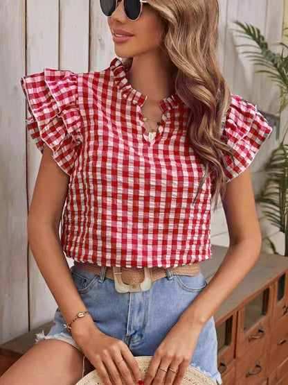 Ruffled Plaid Notched Cap Sleeve Blouse