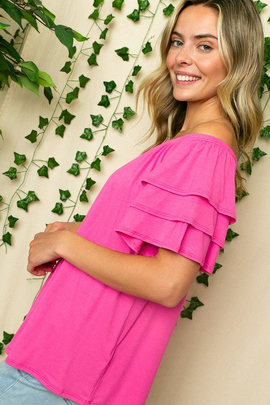 PLUS OFF SHOULDER TIERED RUFFLE TOP