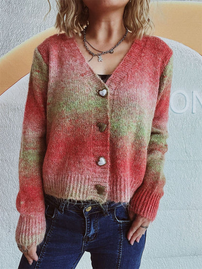 Gradient Heart Shape Button V-Neck Cardigan