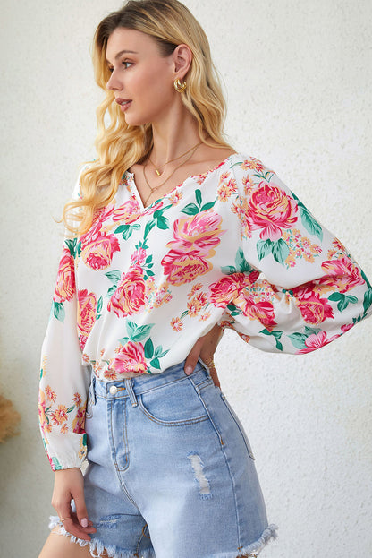 Double Take Floral Notched Neck Long Sleeve Blouse