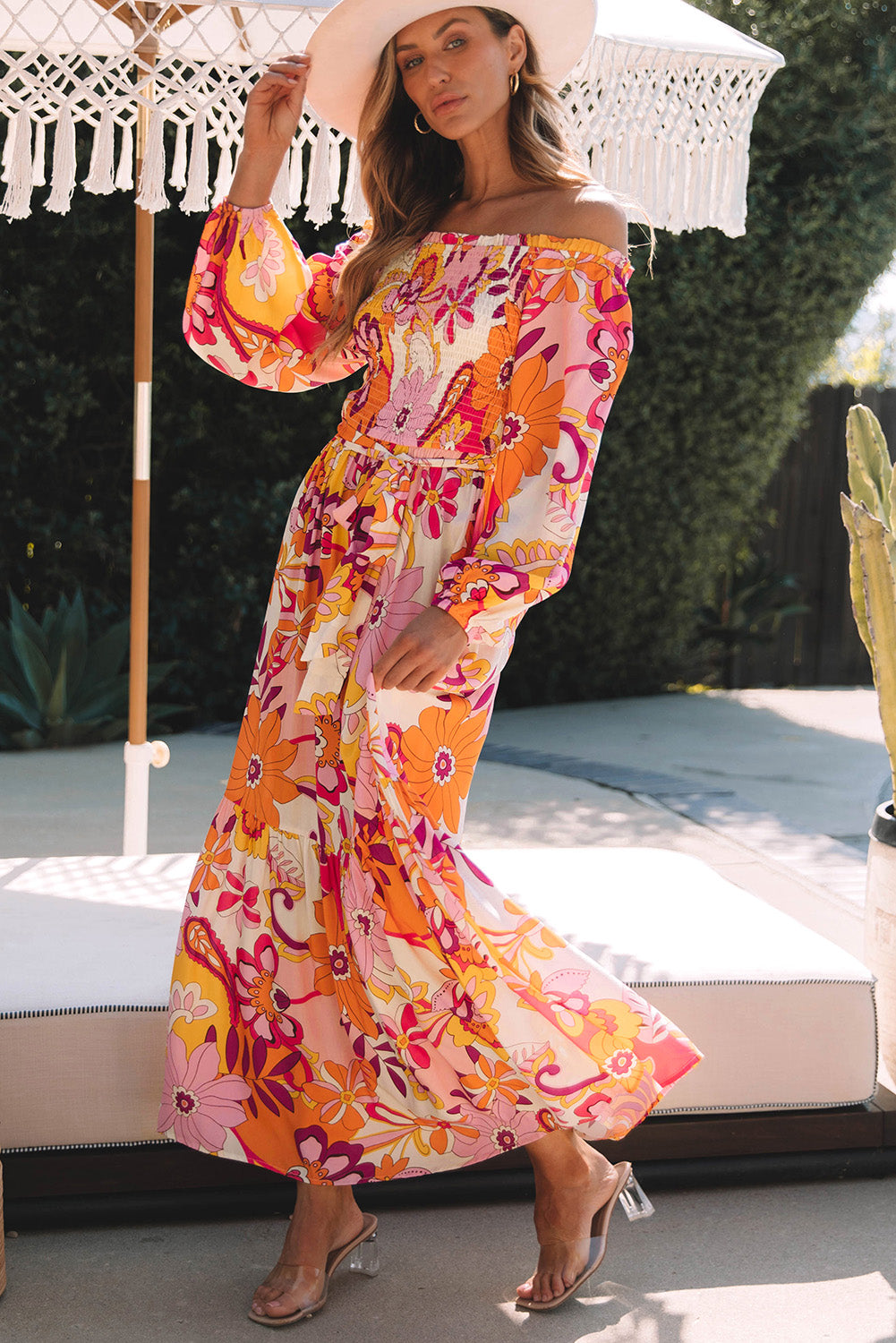 Printed Off-Shoulder Balloon Sleeve Maxi Dress