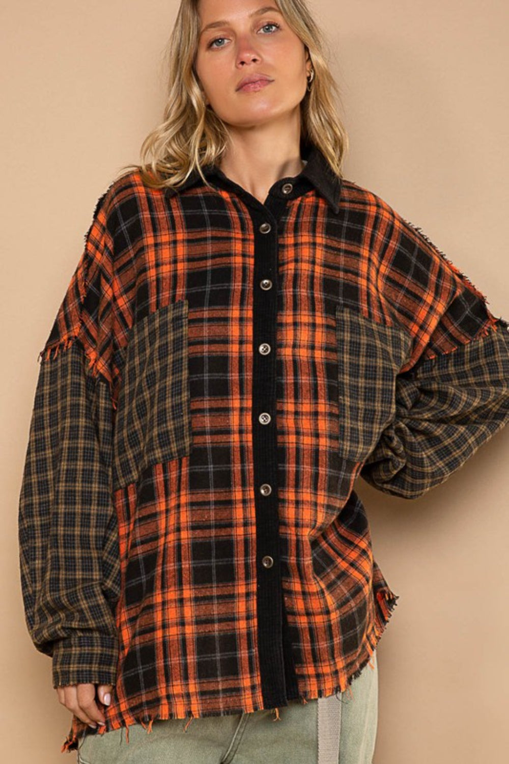 POL Plaid Contrast Long Sleeve Raw Hem Shacket with Chest Pockets