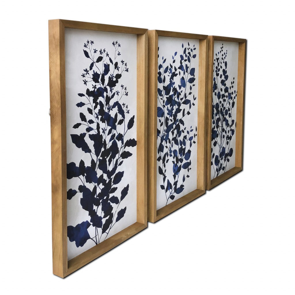 Set of Three Blue Branches Framed Canvas Wall Art-1