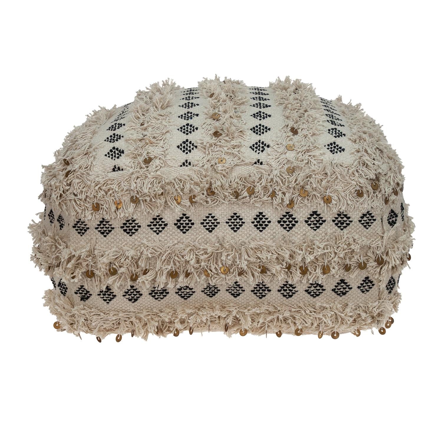 Boho Fringed Beige and Black Handwoven Pouff Ottoman-0