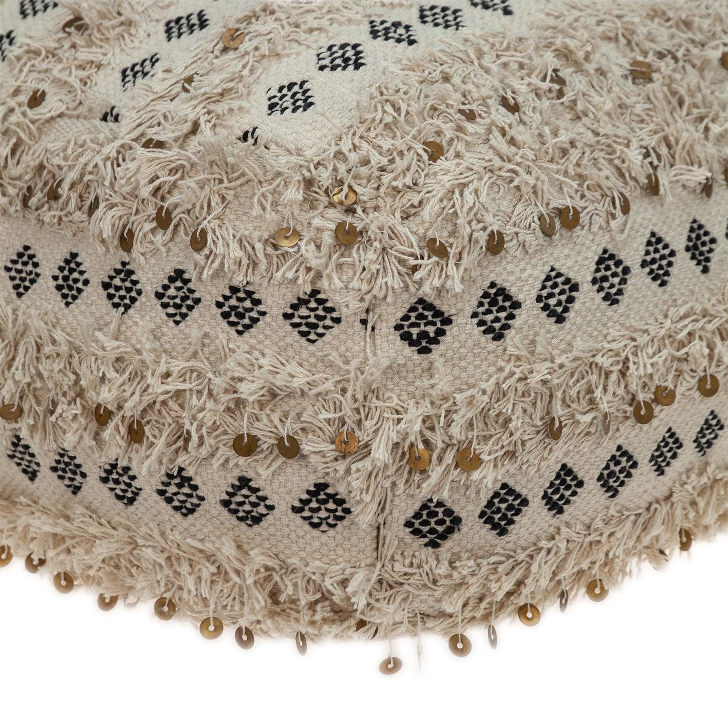 Boho Fringed Beige and Black Handwoven Pouff Ottoman-2