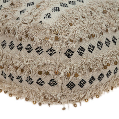 Boho Fringed Beige and Black Handwoven Pouff Ottoman-2