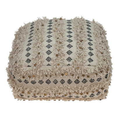 Boho Fringed Beige and Black Handwoven Pouff Ottoman-3