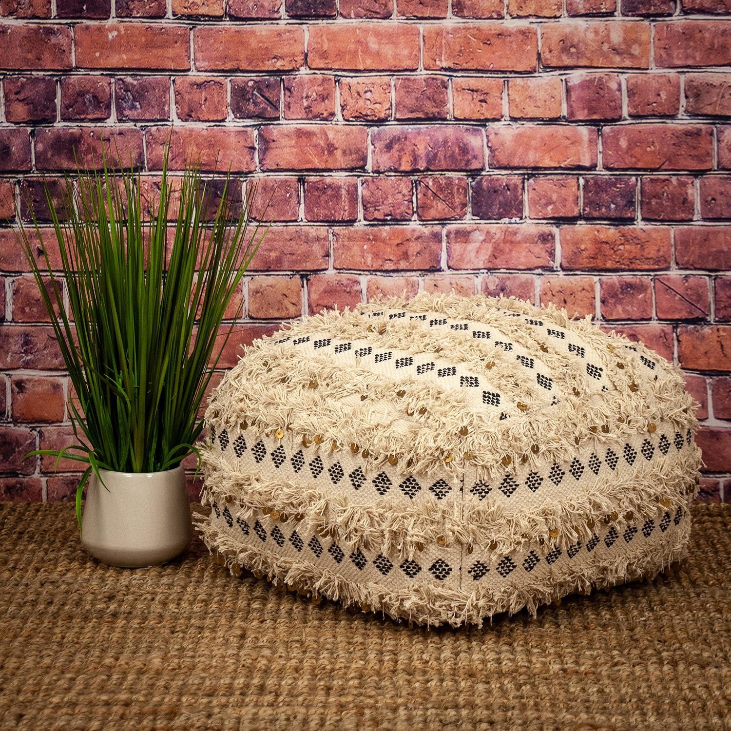 Boho Fringed Beige and Black Handwoven Pouff Ottoman-4