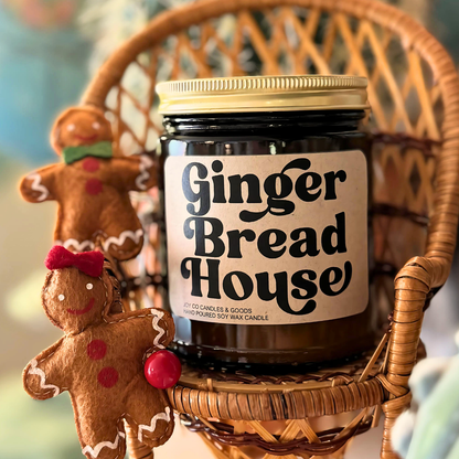 Gingerbread House, Warm Bakery Scent, Christmas Fragrance, Holiday Decor, 100% Soy Wax 9 oz Candle, 50 Hour Burn Time, Recyclable Amber Glass Jar, Made in the USA