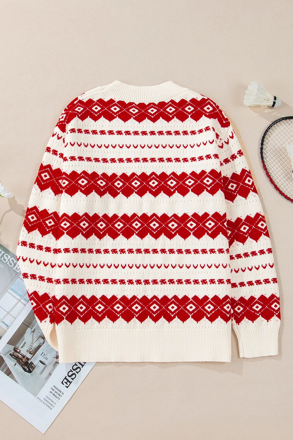 Geometric Round Neck Dropped Shoulder Sweater