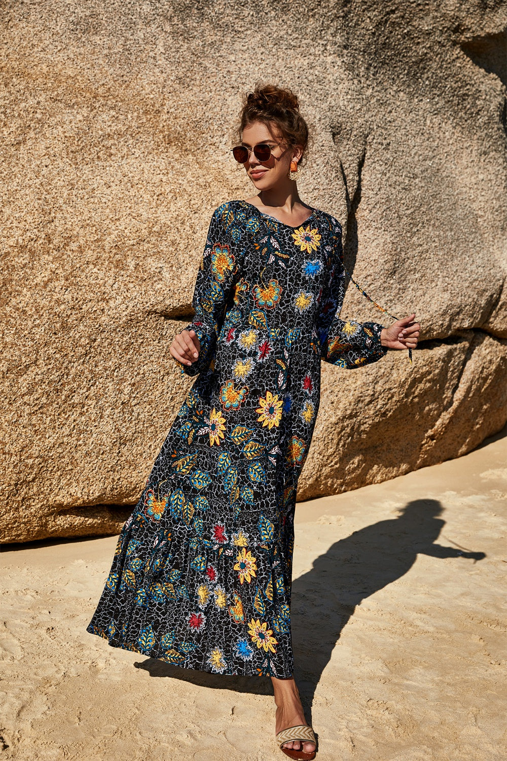 Printed Tie Neck Long Sleeve Dress