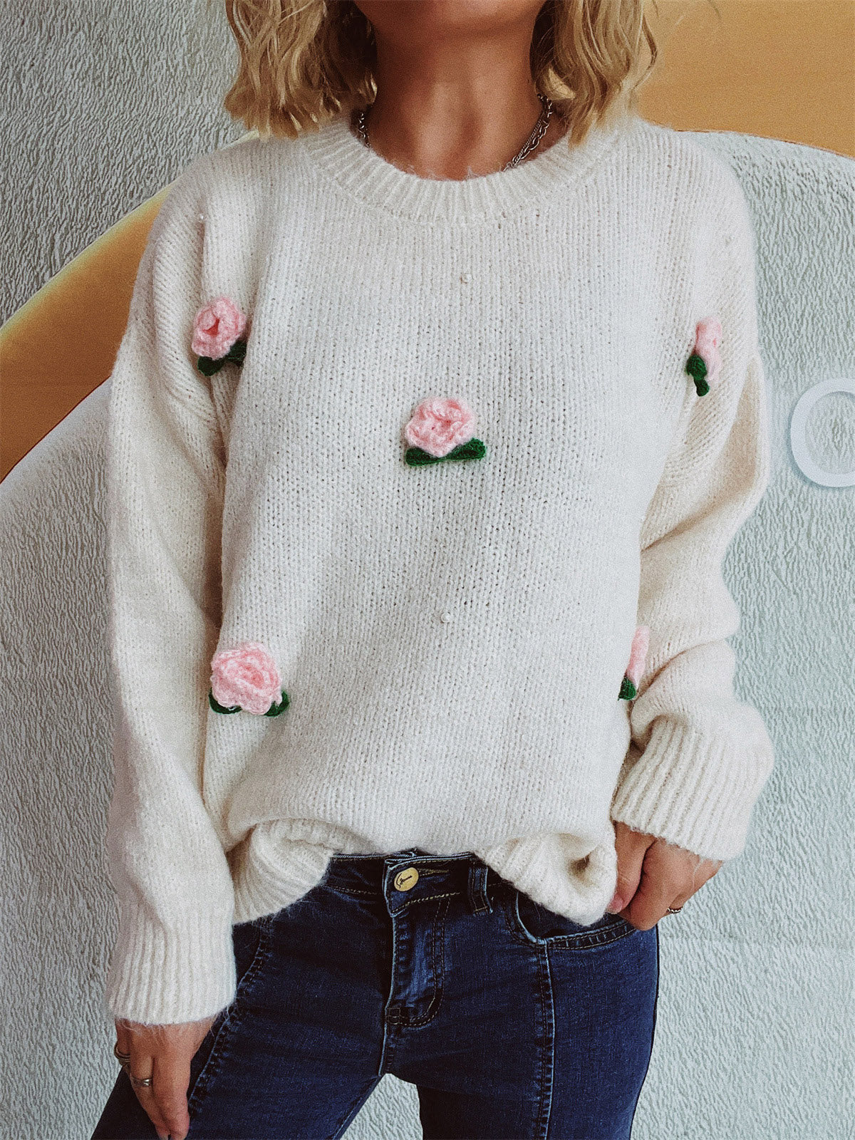 Flower Round Neck Long Sleeve Sweater