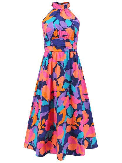 Ruched Printed Halter Neck Sleeveless Dress