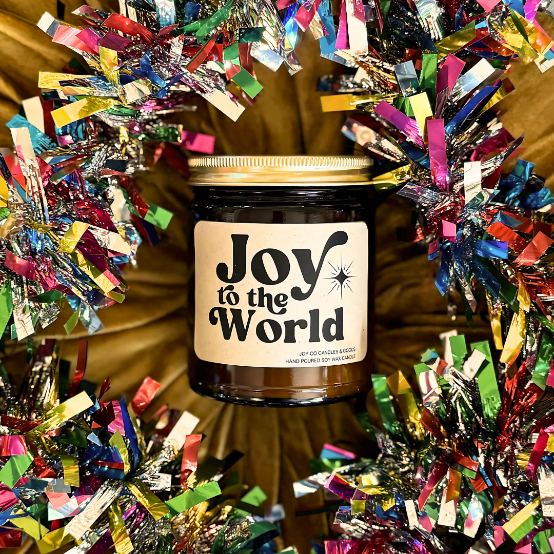 Joy to the World Candle, Groovy Christmas Collection, Christmas Scented Candle, Christmas Gifts, Holiday Decor, 100% Soy Wax 9 oz Candle, 50 Hour Burn Time, Recyclable Amber Glass Jar, Made in the USA