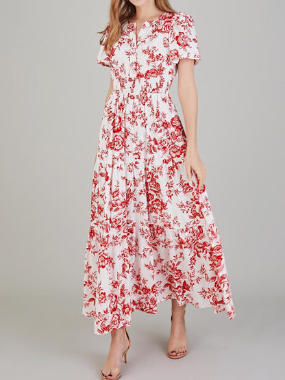 Tiered Floral Notched Short Sleeve Dress