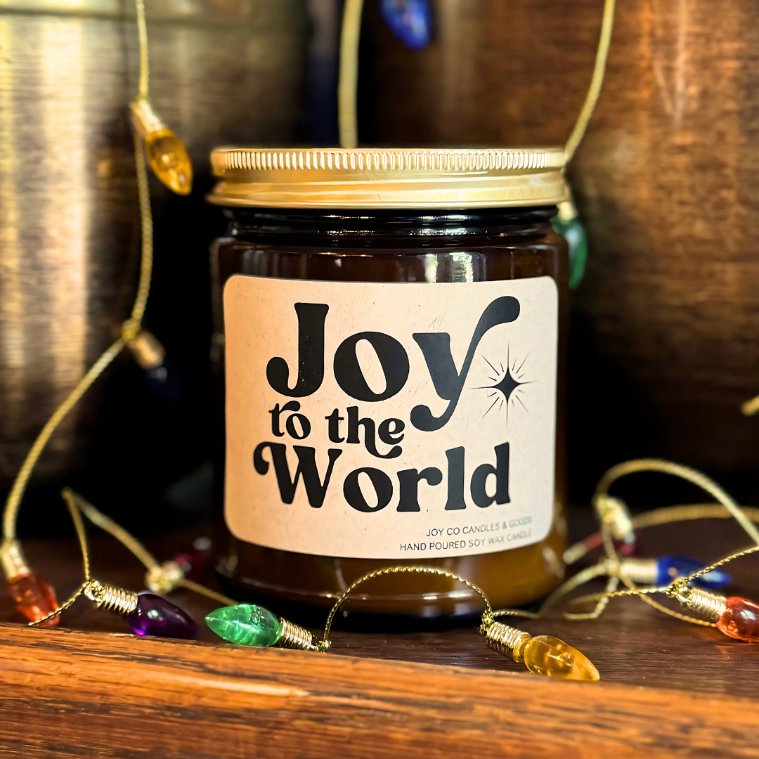 Joy to the World Candle, Groovy Christmas Collection, Christmas Scented Candle, Christmas Gifts, Holiday Decor, 100% Soy Wax 9 oz Candle, 50 Hour Burn Time, Recyclable Amber Glass Jar, Made in the USA