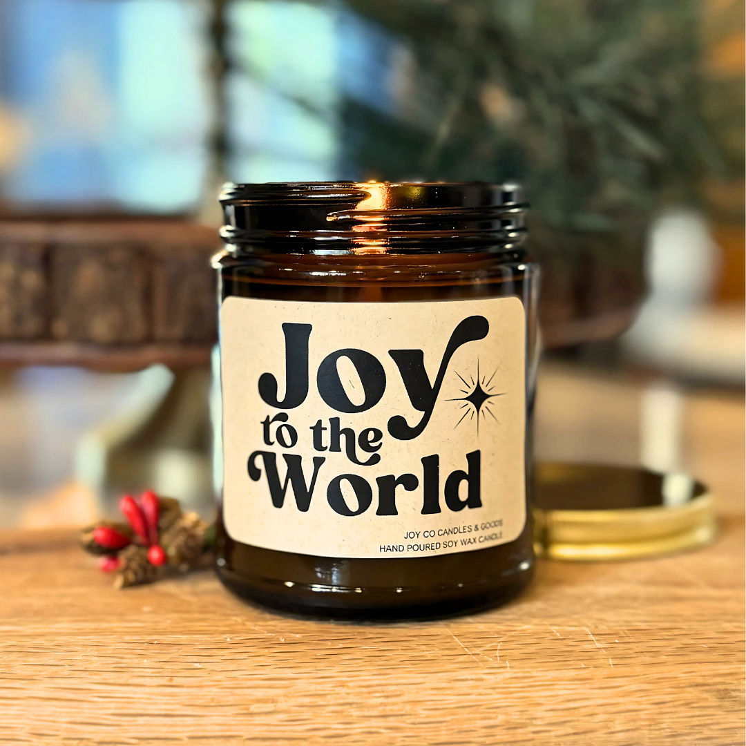 Joy to the World Candle, Groovy Christmas Collection, Christmas Scented Candle, Christmas Gifts, Holiday Decor, 100% Soy Wax 9 oz Candle, 50 Hour Burn Time, Recyclable Amber Glass Jar, Made in the USA