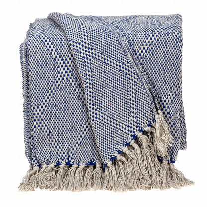 Blue and Beige Woven Handloom Throw with Tassels-0