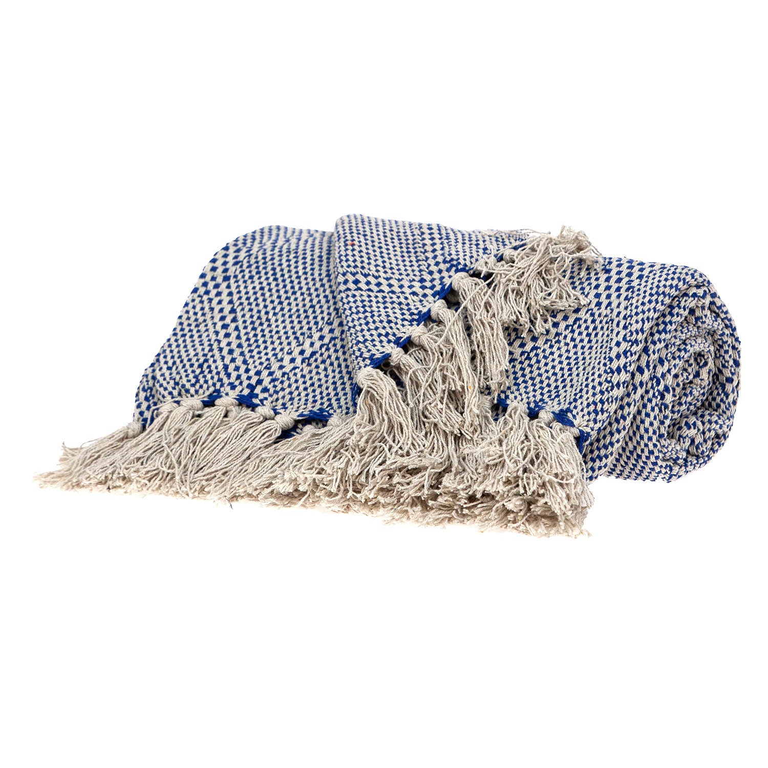 Blue and Beige Woven Handloom Throw with Tassels-2