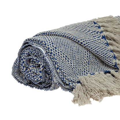 Blue and Beige Woven Handloom Throw with Tassels-3