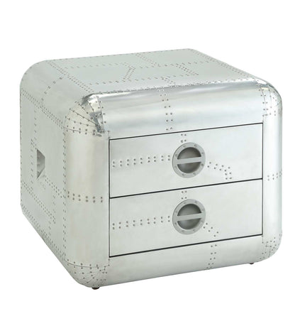 22&quot; Silver Aluminum Aviator Trunk Style Square End Table With Two Drawers-0