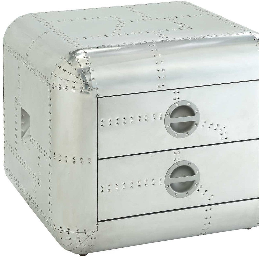 22&quot; Silver Aluminum Aviator Trunk Style Square End Table With Two Drawers-3