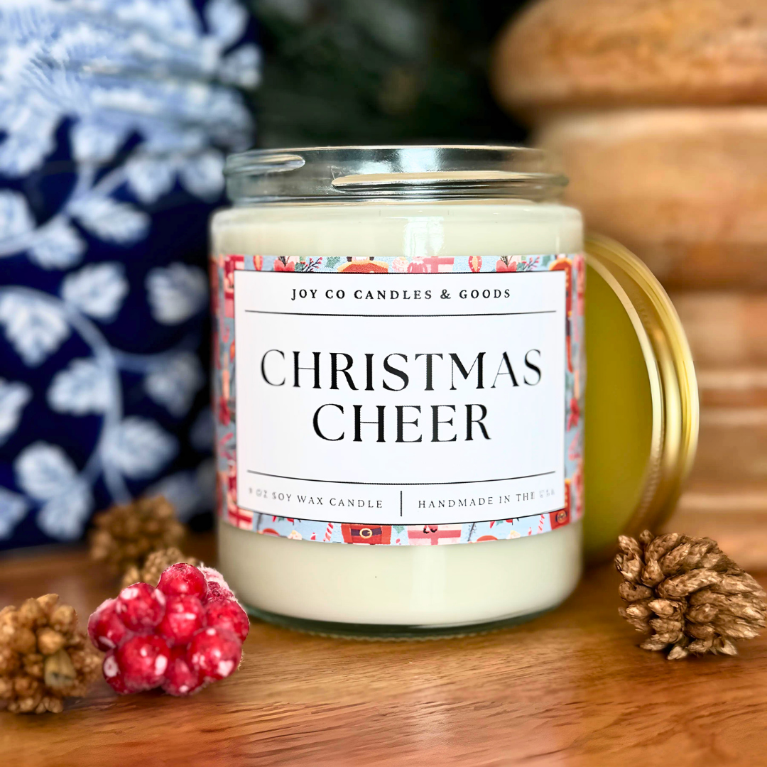 Christmas Cheer Candle, Christmas Cottage Collection, Christmas Scented Candle, Christmas Gifts, Holiday Decor, 100% Soy Wax 9 oz Candle, 50 Hour Burn Time, Recyclable Clear Glass Jar, Made in the USA