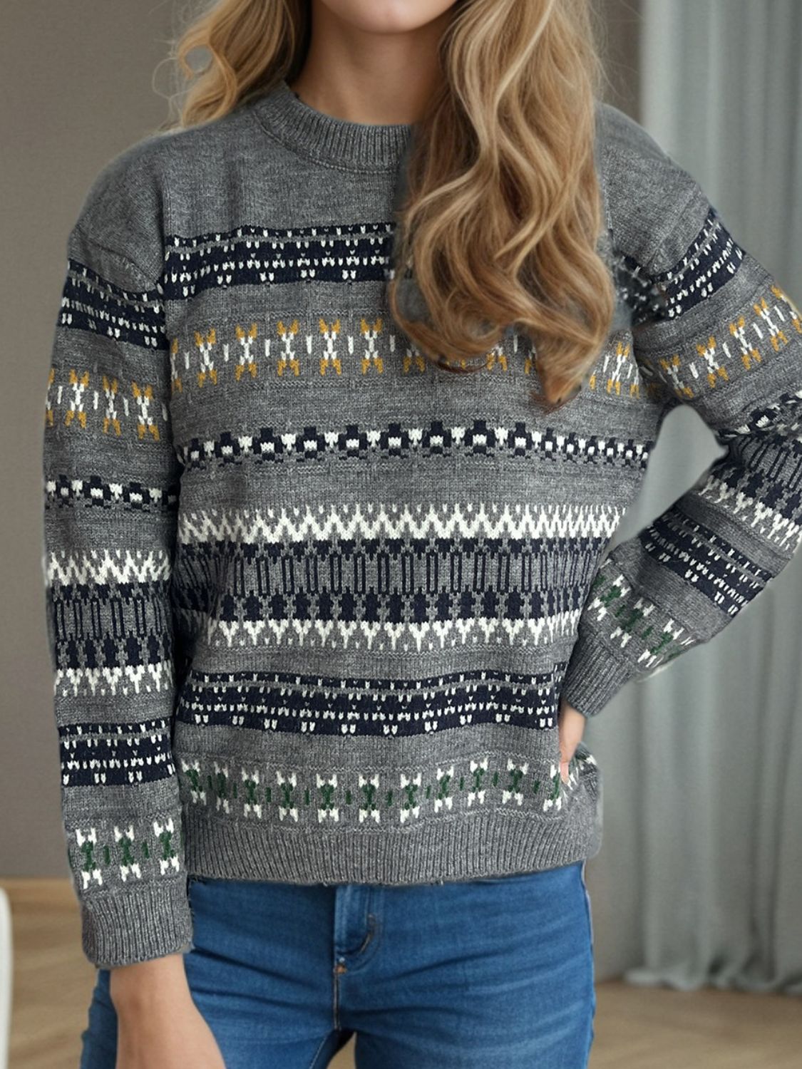 Geometric Round Neck Long Sleeve Sweater