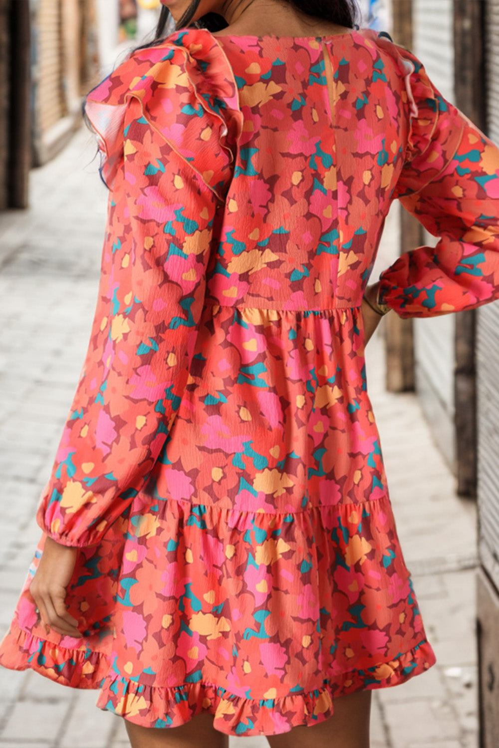 Printed Ruffle Trim Balloon Sleeve Tiered Dress