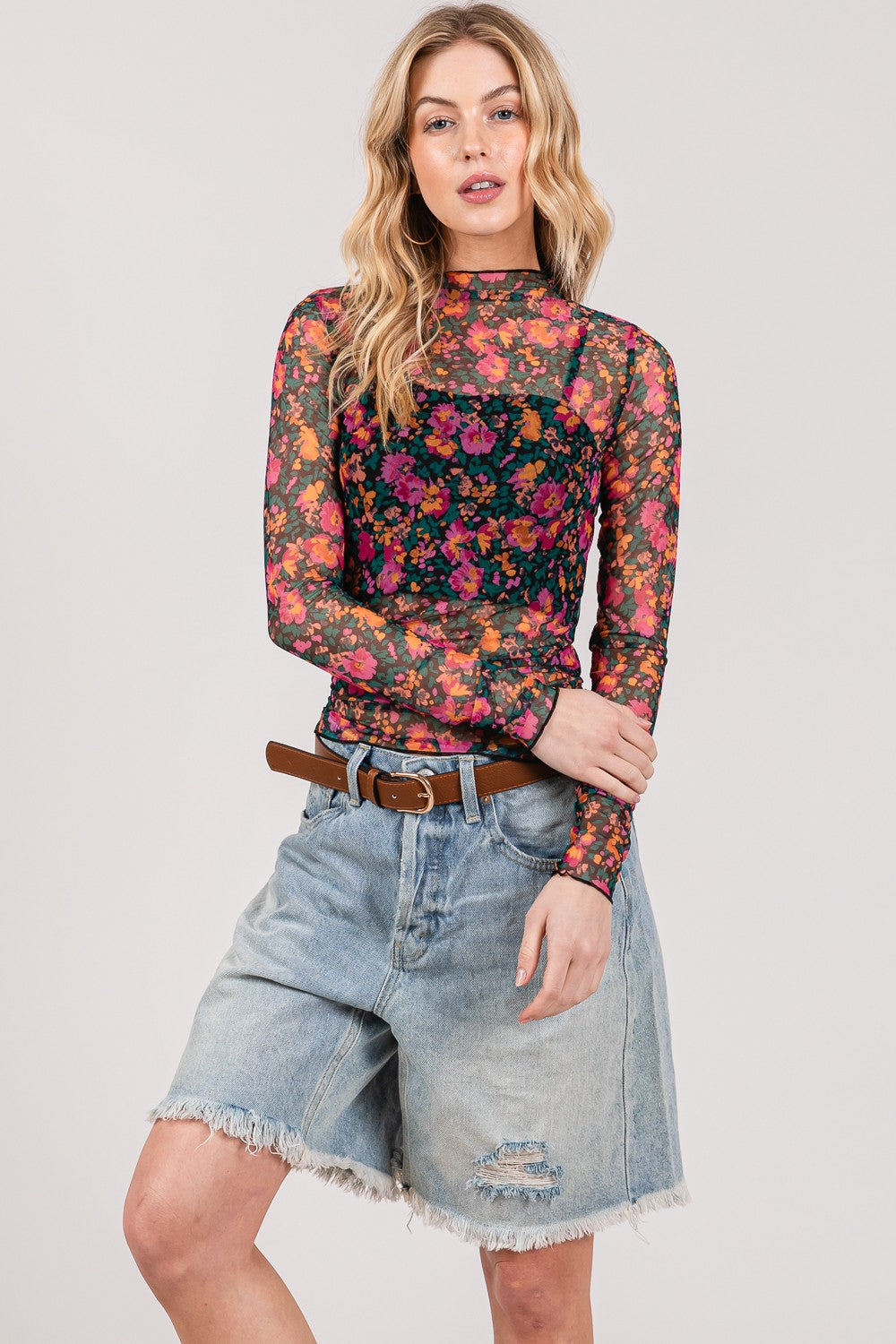 SAGE + FIG Floral Mesh Long Sleeve Top