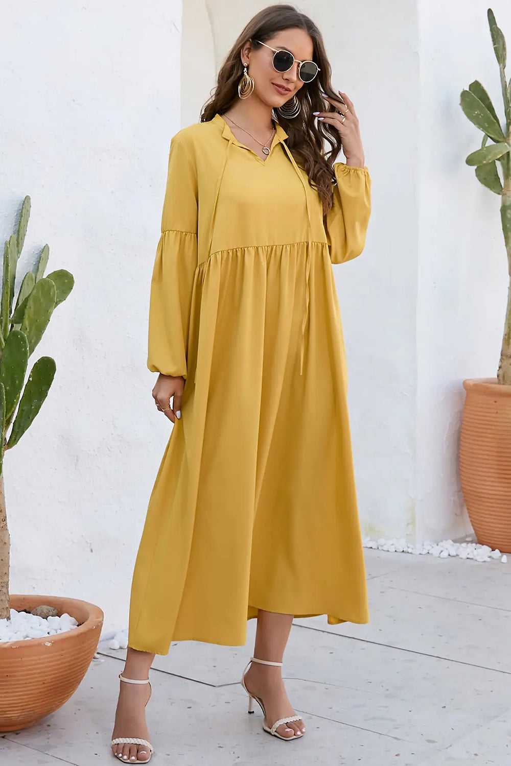 Ruched Tie Neck Balloon Sleeve Midi Dress