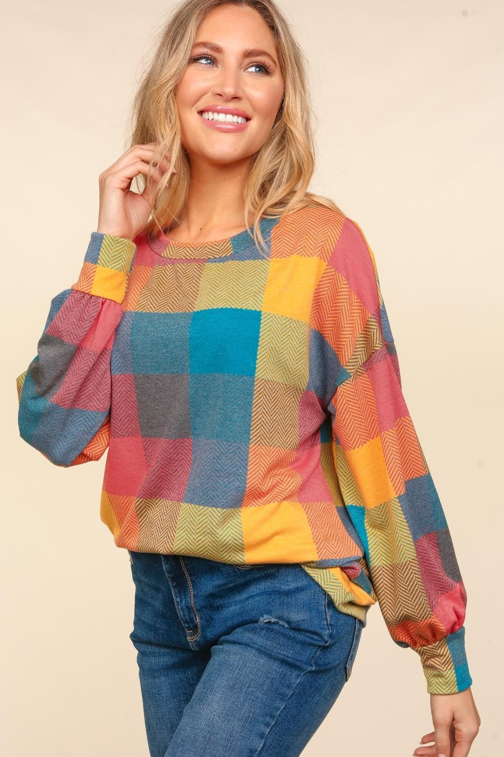 Haptics Round Neck Color Block Plaid Top