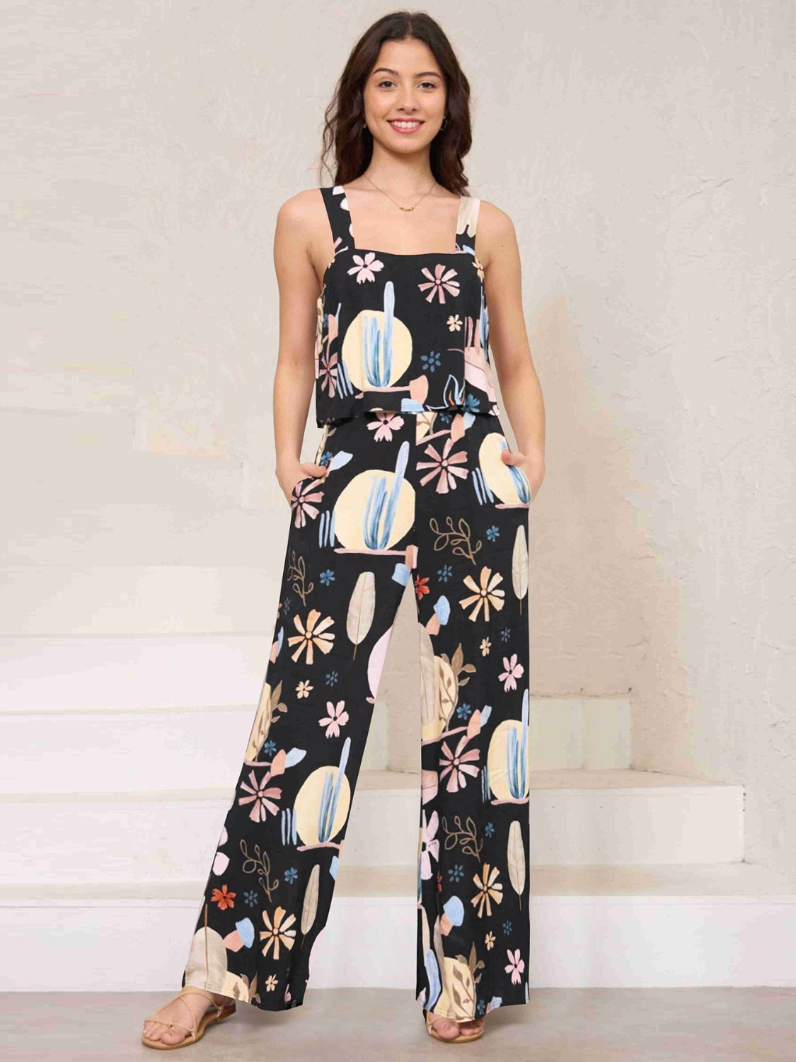 Printed Wide Strap Top and Pants Set