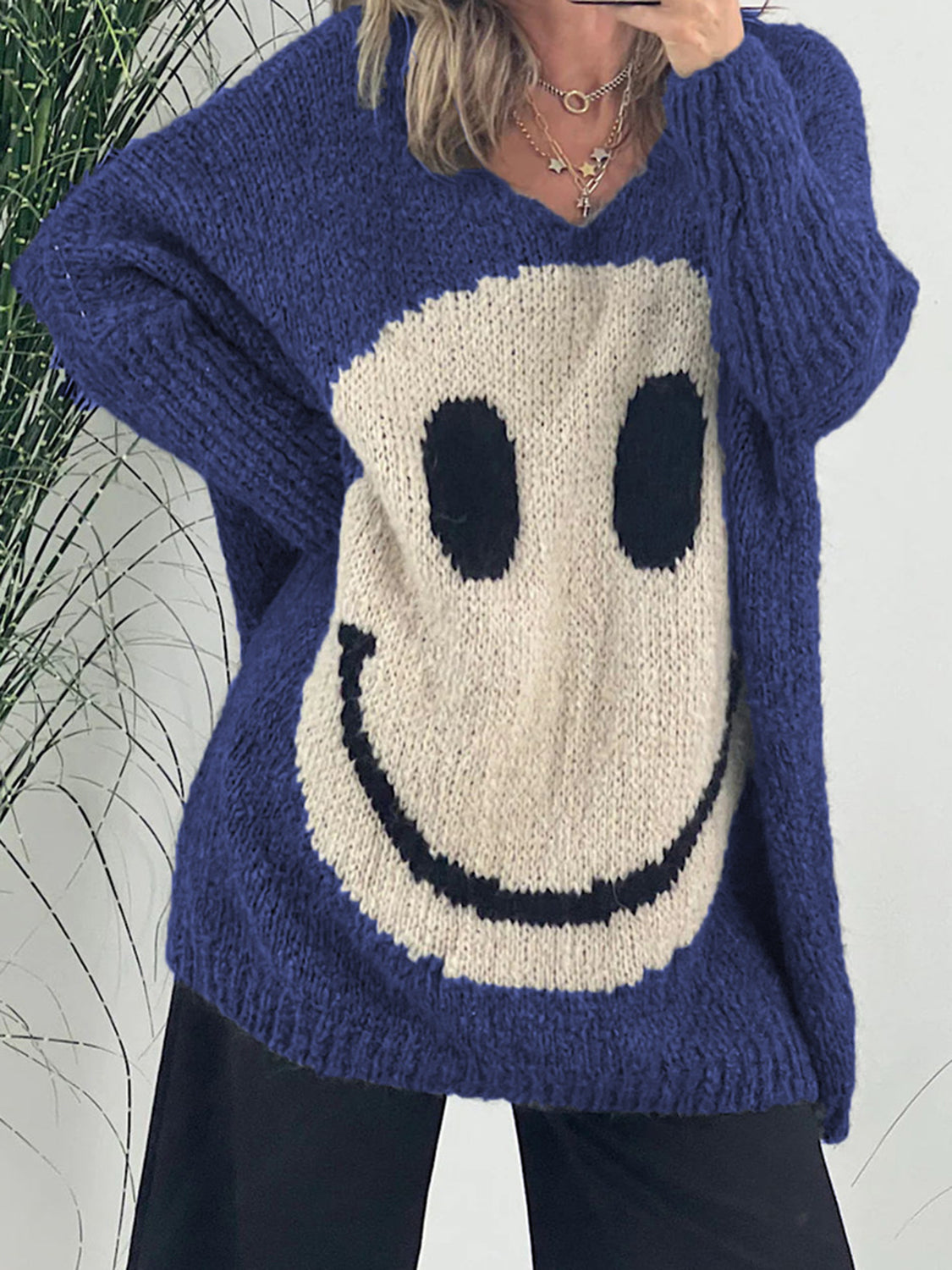 Smiling Face V-Neck Long Sleeve Sweater