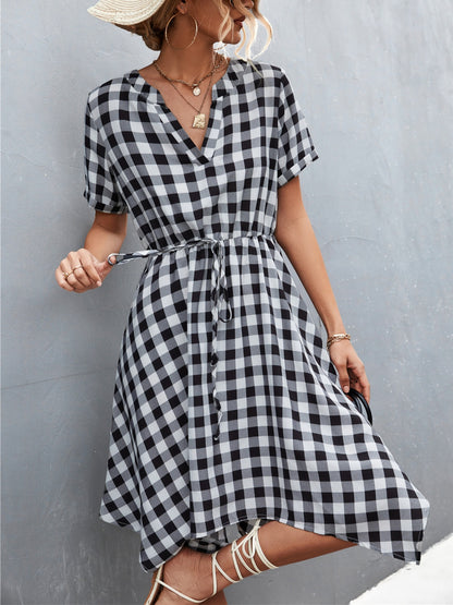 Plaid Notched Short Sleeve Dress