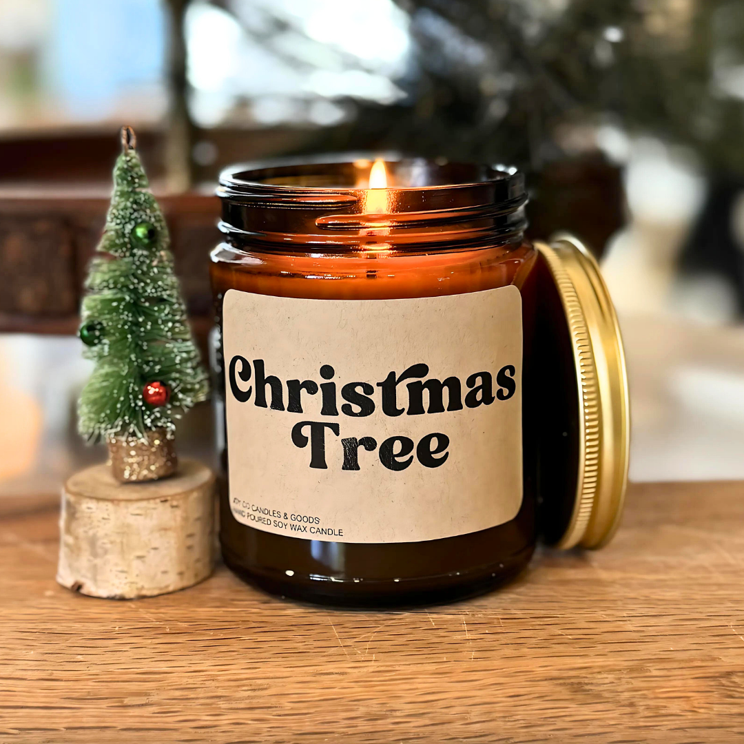 Christmas Tree Candle, Christmas Pine Fragrance, Holiday Decor, 100% Soy Wax 9 oz Candle, 50 Hour Burn Time, Recyclable Amber Glass Jar, Made in the USA