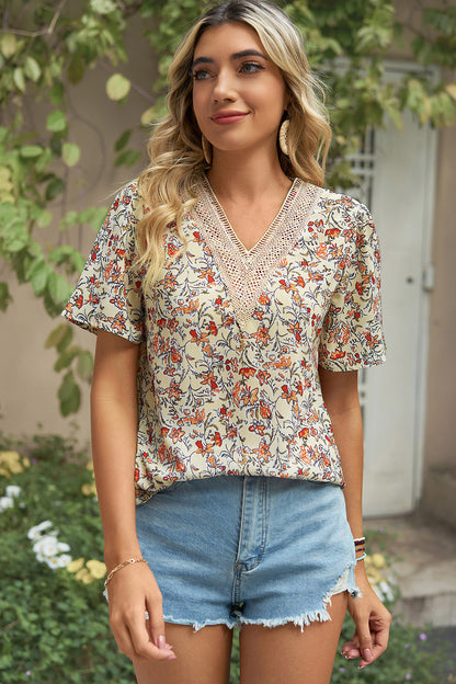 Floral V-Neck Short Sleeve T-Shirt