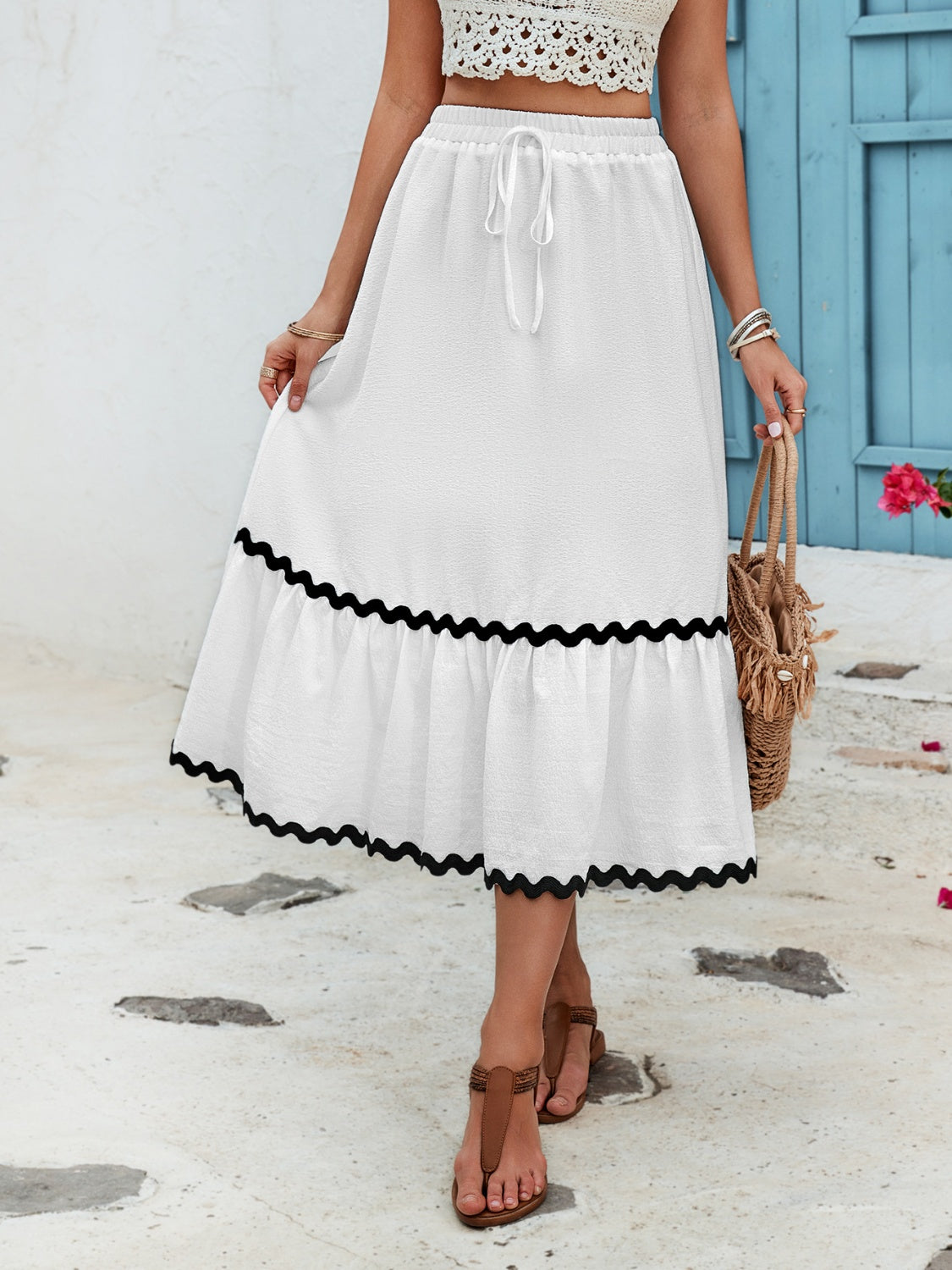 Tied Contrast Trim High Waist Skirt