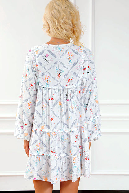 Printed Tie Neck Balloon Sleeve Tiered Dress