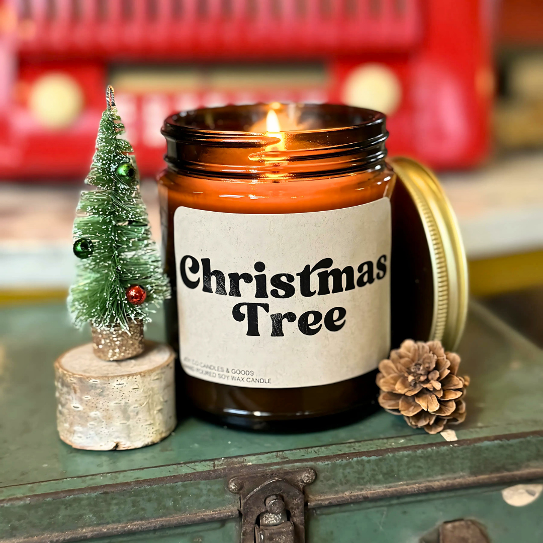 Christmas Tree Candle, Christmas Pine Fragrance, Holiday Decor, 100% Soy Wax 9 oz Candle, 50 Hour Burn Time, Recyclable Amber Glass Jar, Made in the USA