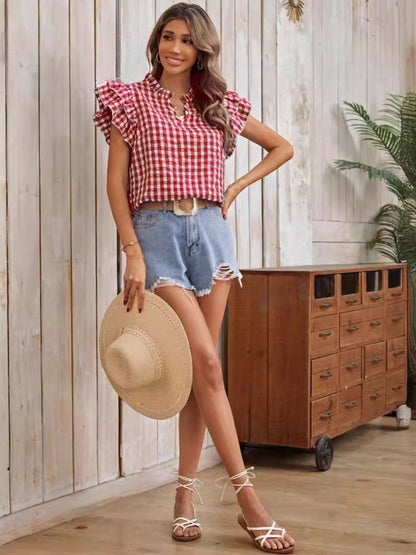 Ruffled Plaid Notched Cap Sleeve Blouse