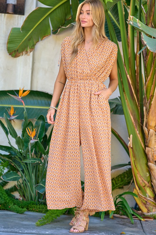 Printed V-Neck Sleeveless Jumpsuit