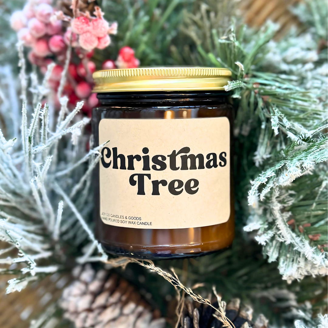 Christmas Tree Candle, Christmas Pine Fragrance, Holiday Decor, 100% Soy Wax 9 oz Candle, 50 Hour Burn Time, Recyclable Amber Glass Jar, Made in the USA