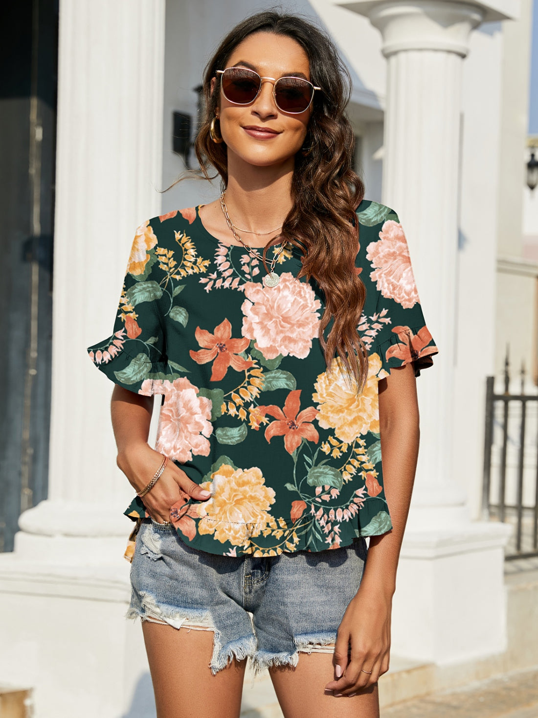 Double Take Floral Ruffled Short Sleeve Blouse