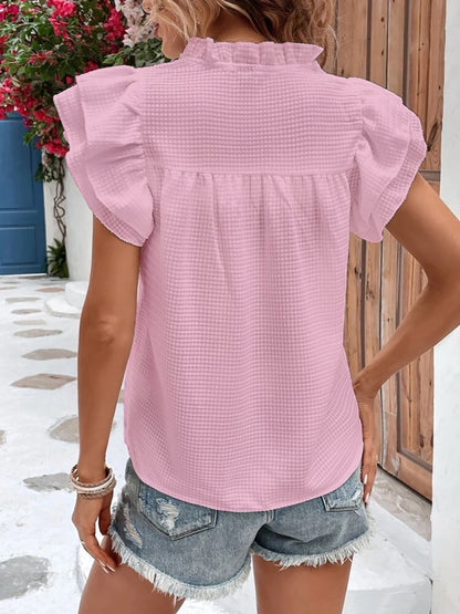 Ruffled Notched Cap Sleeve Blouse