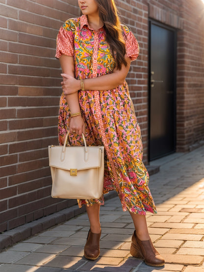 Printed Collared Neck Short Sleeve Midi Dress