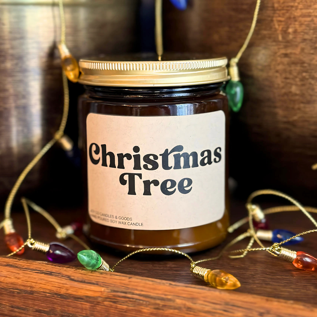 Christmas Tree Candle, Christmas Pine Fragrance, Holiday Decor, 100% Soy Wax 9 oz Candle, 50 Hour Burn Time, Recyclable Amber Glass Jar, Made in the USA