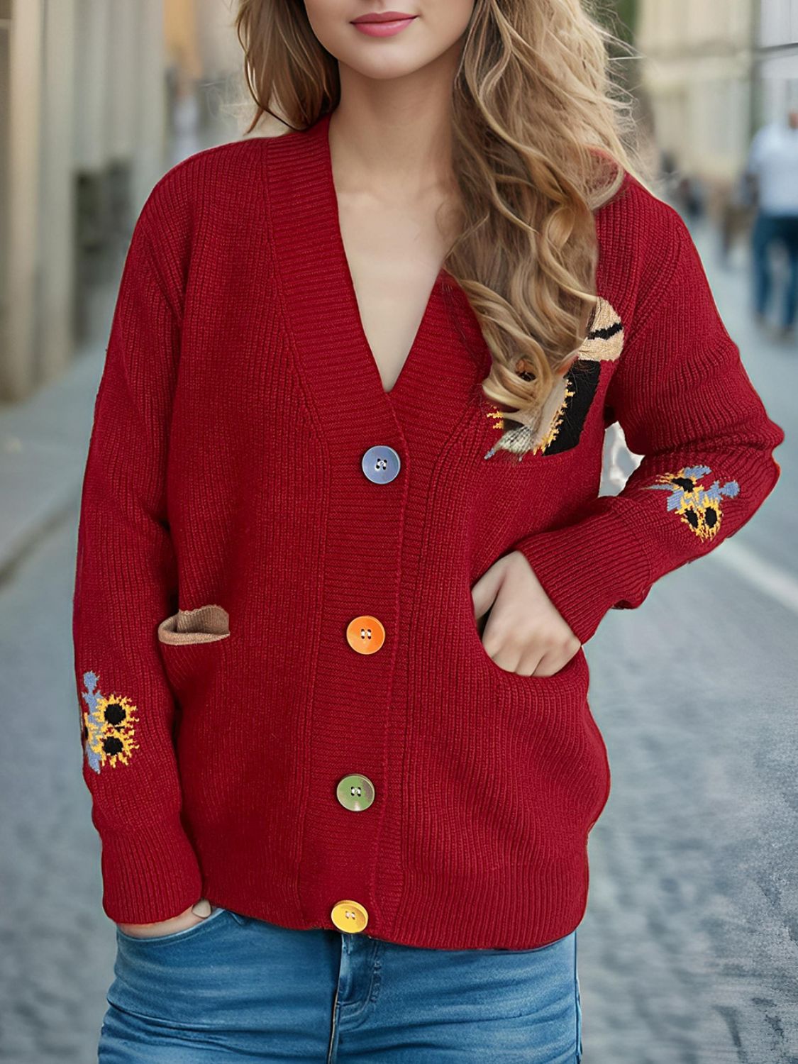 Contrast Button V-Neck Long Sleeve Cardigan